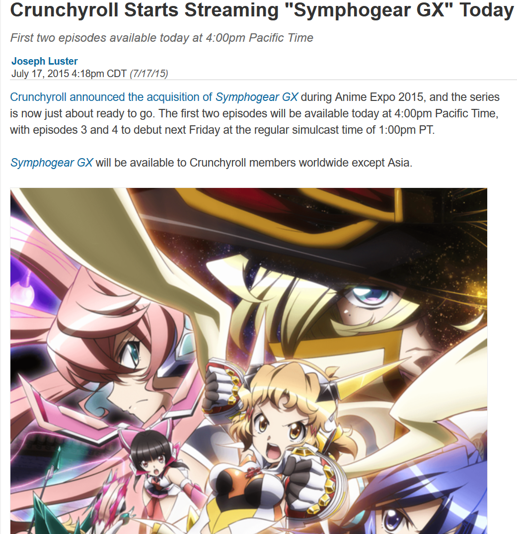 Crunchyroll News: Crunchyroll Starts Streaming Symphogear GX Today